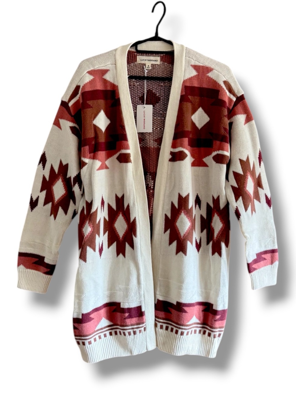 Lucky Brand Cream & Rust Aztec Open-Front Cardigan
